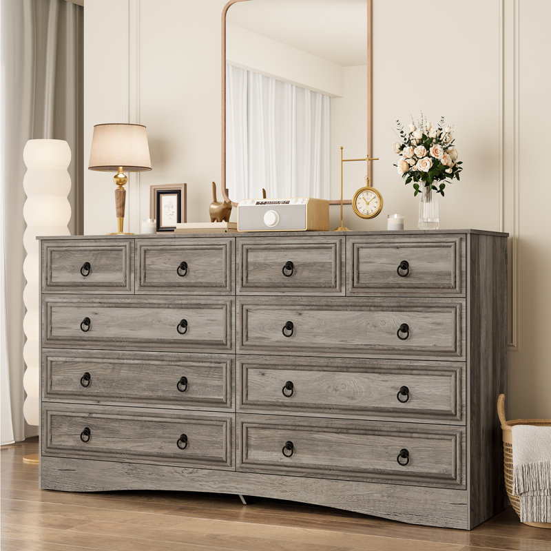 Commode de 55 pouces pour la chambre à coucher, commode à 10 tiroirs avec grands tiroirs, commode moderne en bois Mid-Century pour le salon, couloir, couleur gris brunâtre