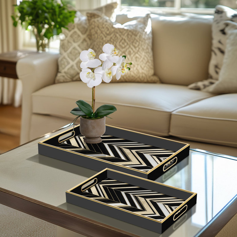 Savoy Black & Gold Art Deco Stackable Serving & Display Trays Set Of 2 (Abstract Chevrons)