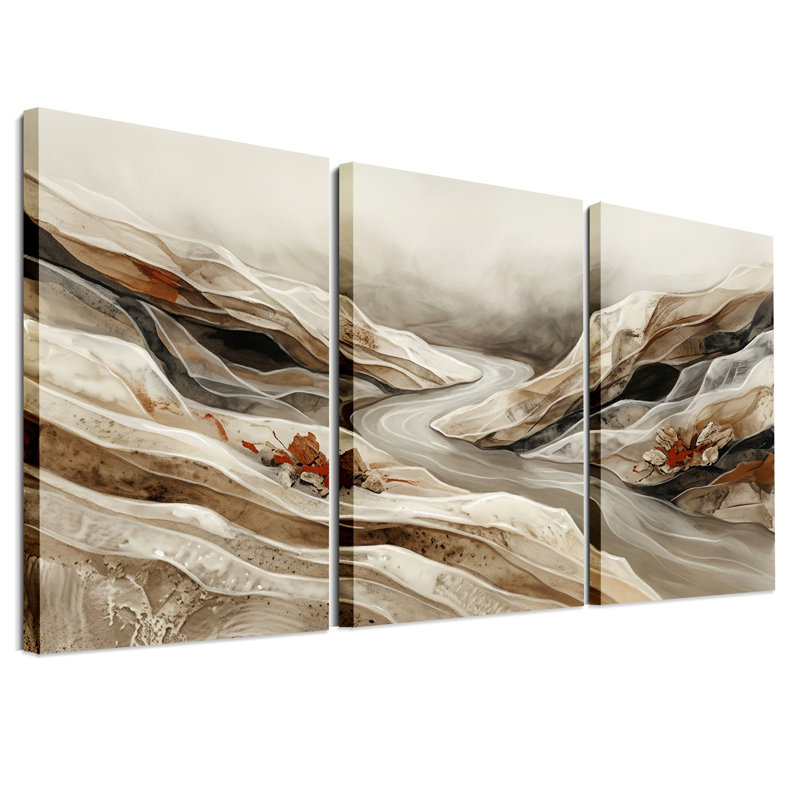 Ensemble de 3 toiles murales représentant une rivière sinueuse traversant des collines en strates aux tons terreux