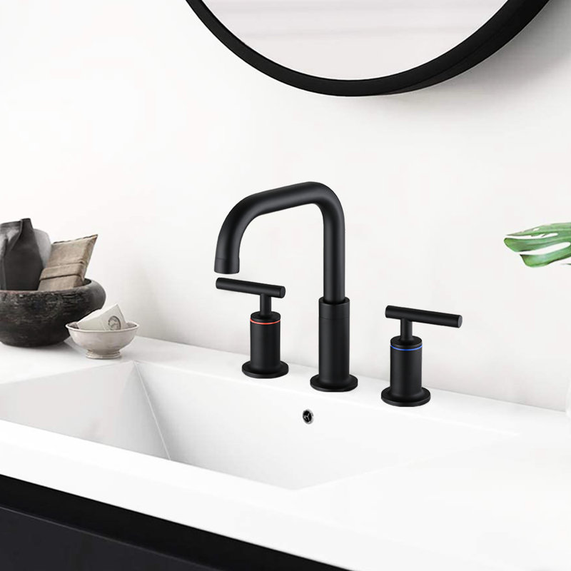 Matte Black Bathroom Faucet 8 In. Widespread With Double Handles And Pop Up Drain - Solid Brass, 360 Swivel, Drip- Ceramic Disc Valves, Flow Spout, 1.5 Gpm Rate, Easy To Install, Rust & Tarnish 8"