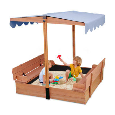 47" Fir Wood Outdoor Sandbox with Adjustable Canopy, Liner, Seats and Foldable Cover