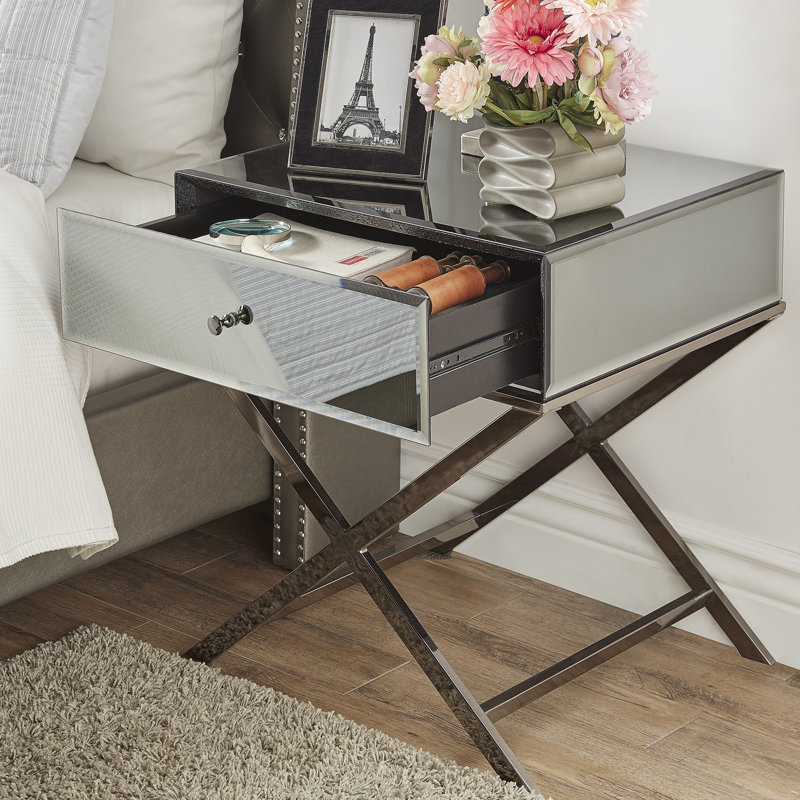 Nyasha Mirrored Glass Top End Table with Storage, Black Nickle