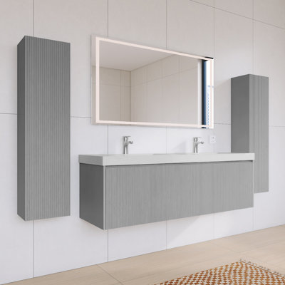 Ensemble de meuble-lavabo flottant 48 po avec comptoir en acrylique et deux armoires latérales 48 po | Bois cannelé, rangement à fermeture en douceur et plomberie en forme de U