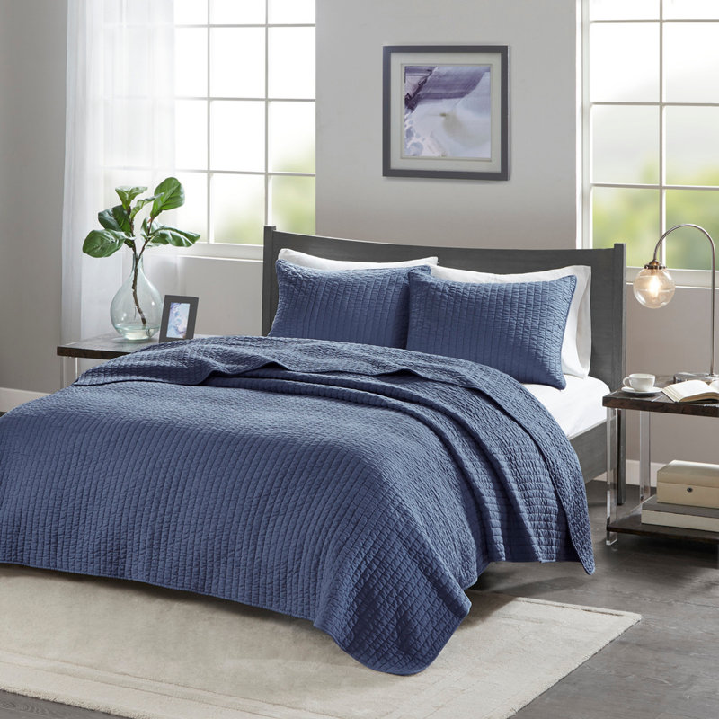 Ensemble de courtepointe 3 pièces bleu marine double / grand