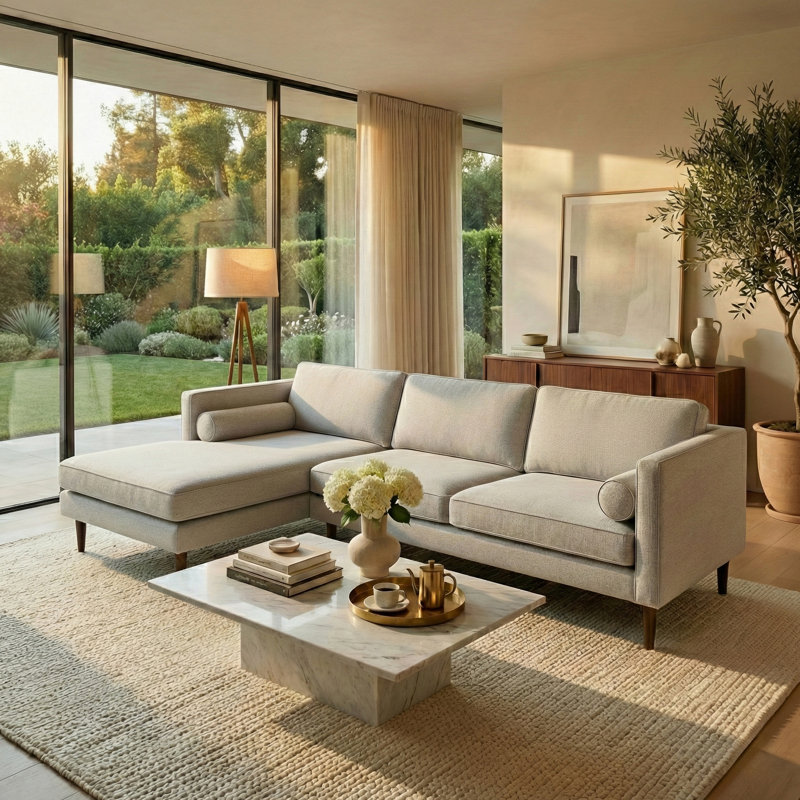 Amareon Upholstered L-Shaped Sectional, Light Gray Linen, Left Hand Facing