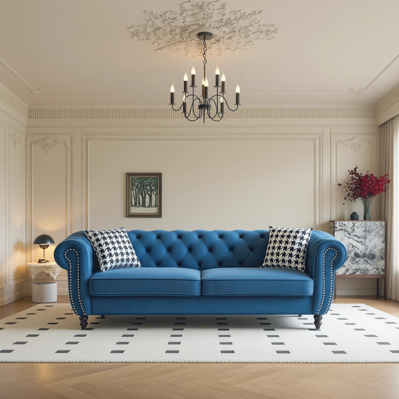 Canapé en tissu 87 po Chesterfield, H 29 po x l 87 po x P 33 po, Bleu