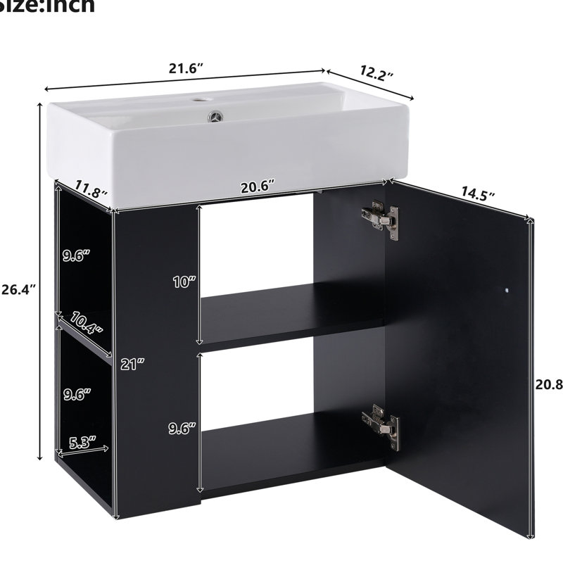 Armoire de salle de bain moderne avec lavabo en céramique - 21,6 po, rangement à gauche, meuble-lavabo noir Excite 21,6 po, lavabo, noir