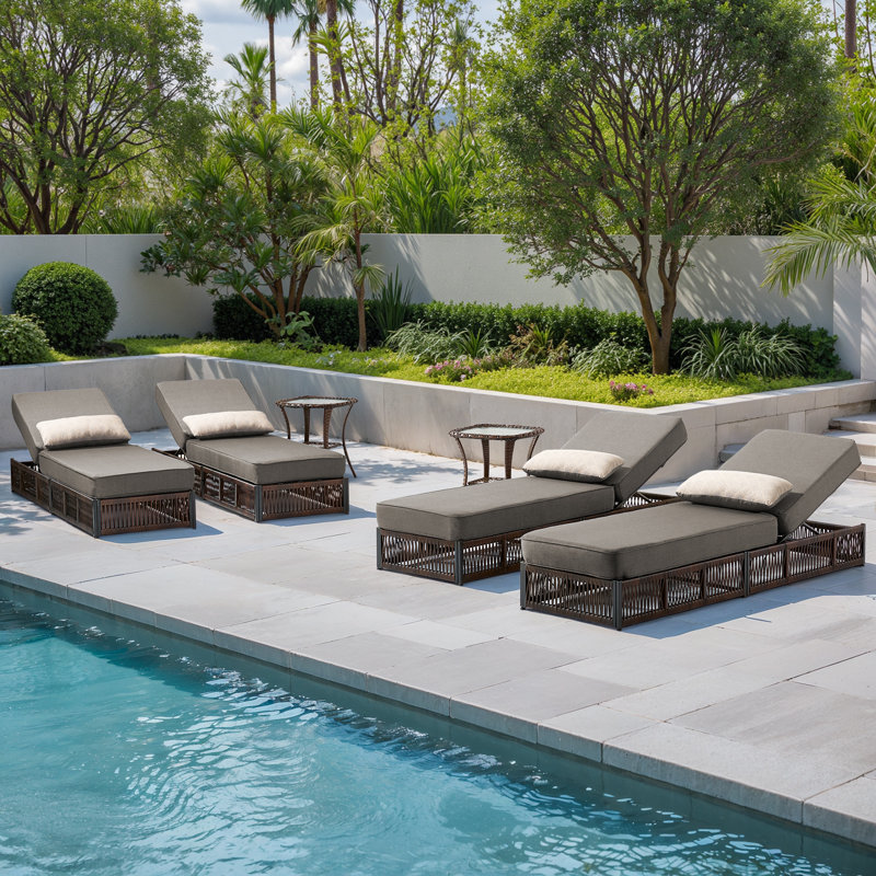 Clybourn Outdoor Patio Swimming Pool 4 Sets Of Adjustable Wicker Chaise Lounge Chair With Side Table, Gray
