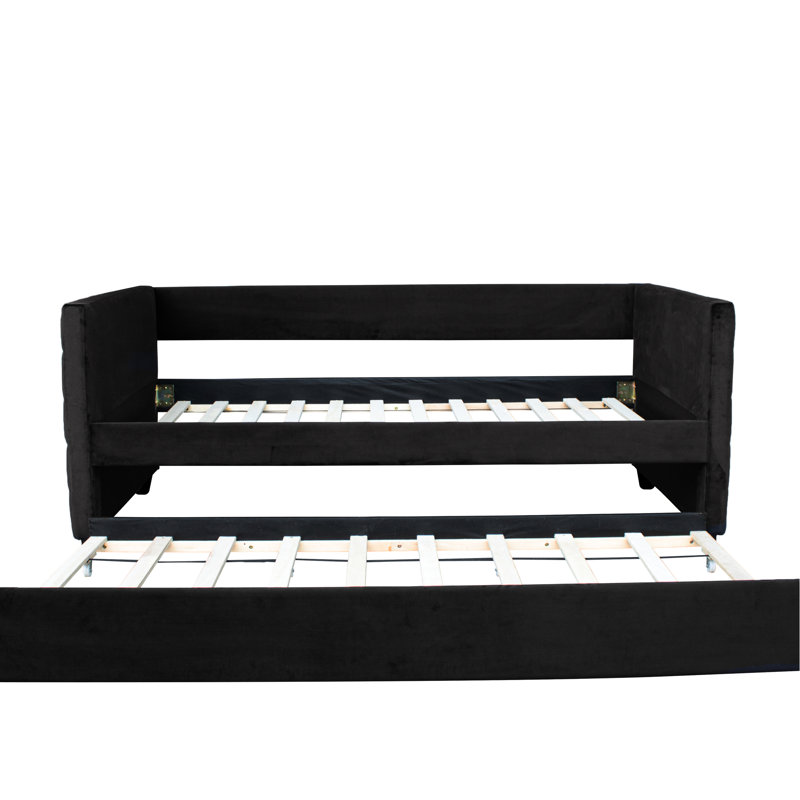 Modern Twin Daybed With Pull - Out Trundle, Black Velvet Bed, Stable Wood And Metal Frame, Ideal For Sleepovers, No Box Spring Upholstered Space Saving Solution Apartments, Construction, Fast Assembly