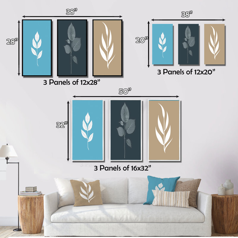 " Minimal Botanicals Single Leaf On Beige " 3 - Pieces, White Floater Framed, 28" H x 36" W