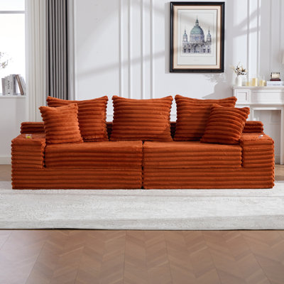 Très grand canapé sans siège à quatre places avec porte-gobelet et poches latérales, canapé-lit rembourré en velours côtelé avec 3 coussins, 2 coussins lombaires, salon, chambre à coucher, sans assemblage, matériau respirant