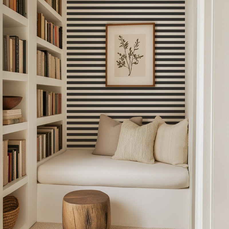 Mrs Paranjape Papers Versa Stripe Premium Matte 10' L x 24" W Wallpaper Roll, Faux Grasscloth, Non-pasted, Jet Black