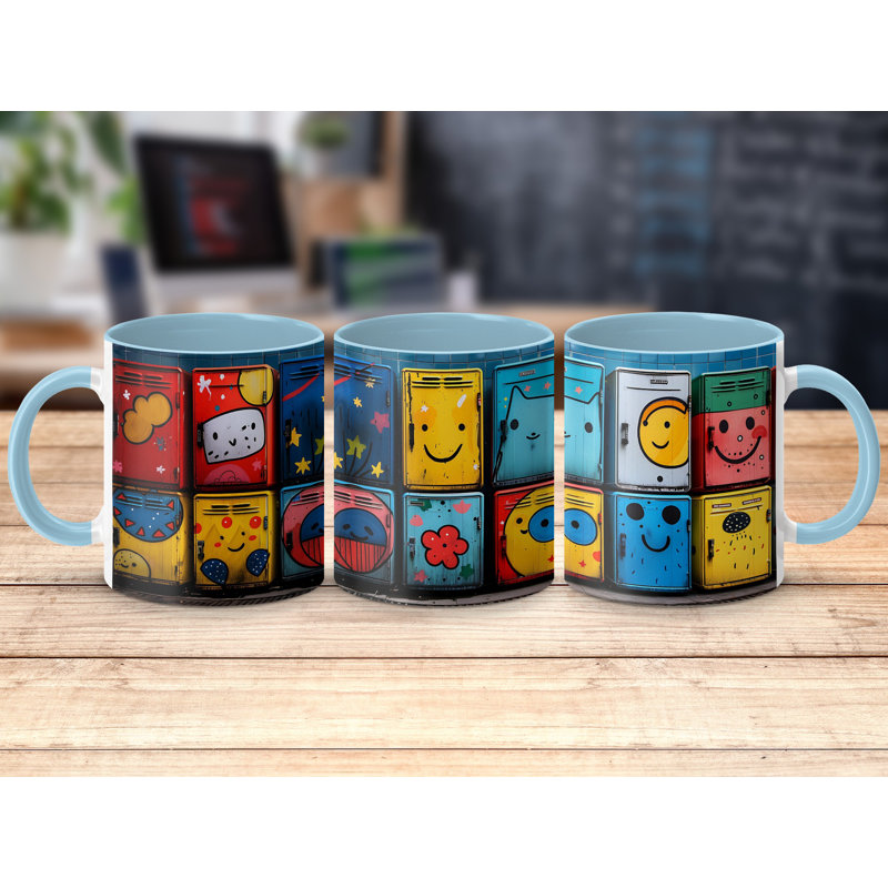 Set of 2 Kids Drawing Style 11oz Accent Mugs – Ceramic Coffee Cups with a Light Blue Handle and Interior