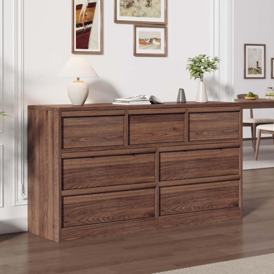 7 Drawer Dresser for Bedroom, 54" Wide Natural Oak Chest of Drawers, Wooden Storage Organizer for Living Room, Entryway, Nursery, Brown