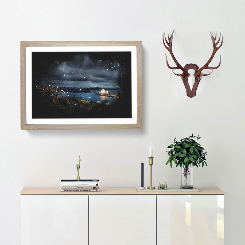 Sydney Skyline at Night - Picture Frame Graphic Art Print, 33cm H x 45cm W x 2cm D, Oak Framed