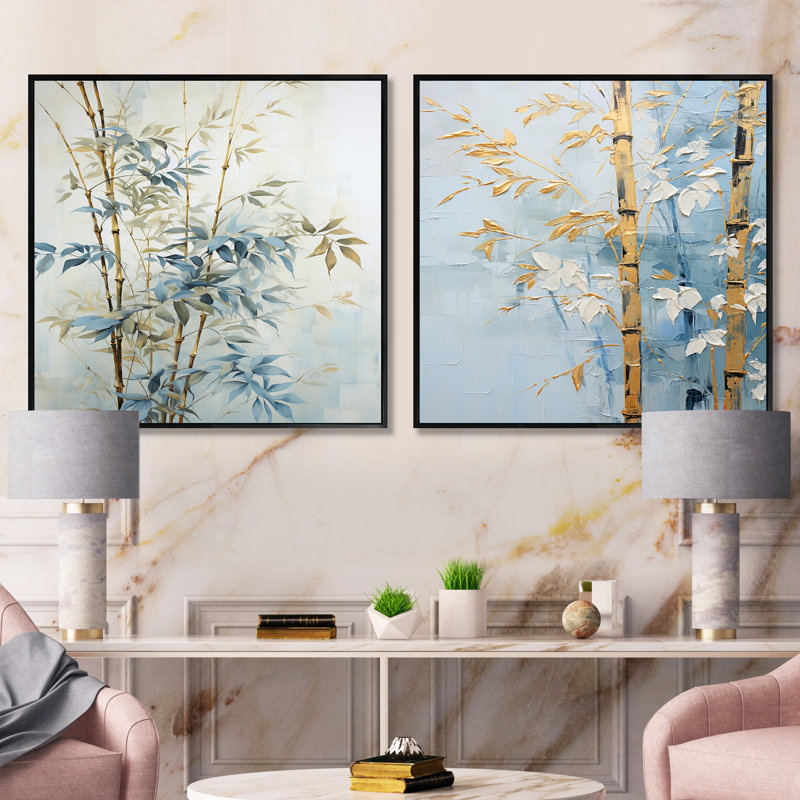 Ensemble de 2 collages carrés en bambou bleu et doré Minimalisme, Cadre flottant noir, H 36 po x l 73 po