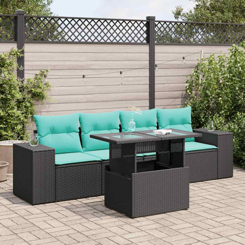 5 Piece Patio Sofa Set With Cushions Poly Rattan Acacia, Black, Green