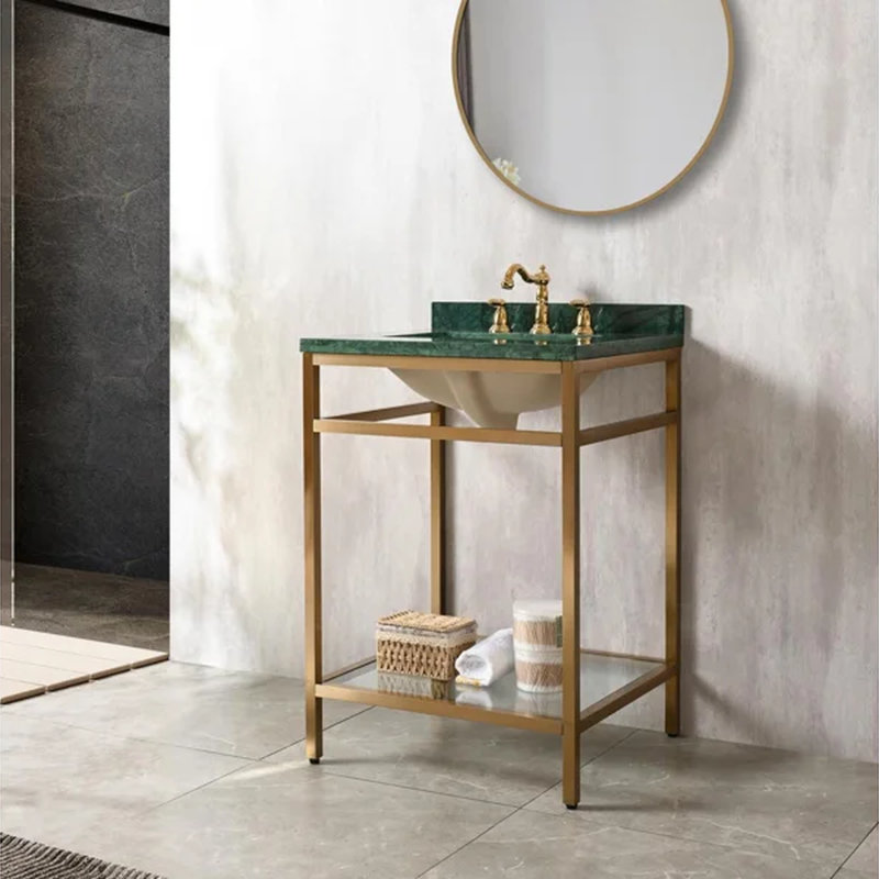 Meuble-lavabo de salle de bain en marbre vert 24 po avec lavabo, structure en acier inoxydable doré, dosseret et tablette de rangement en verre