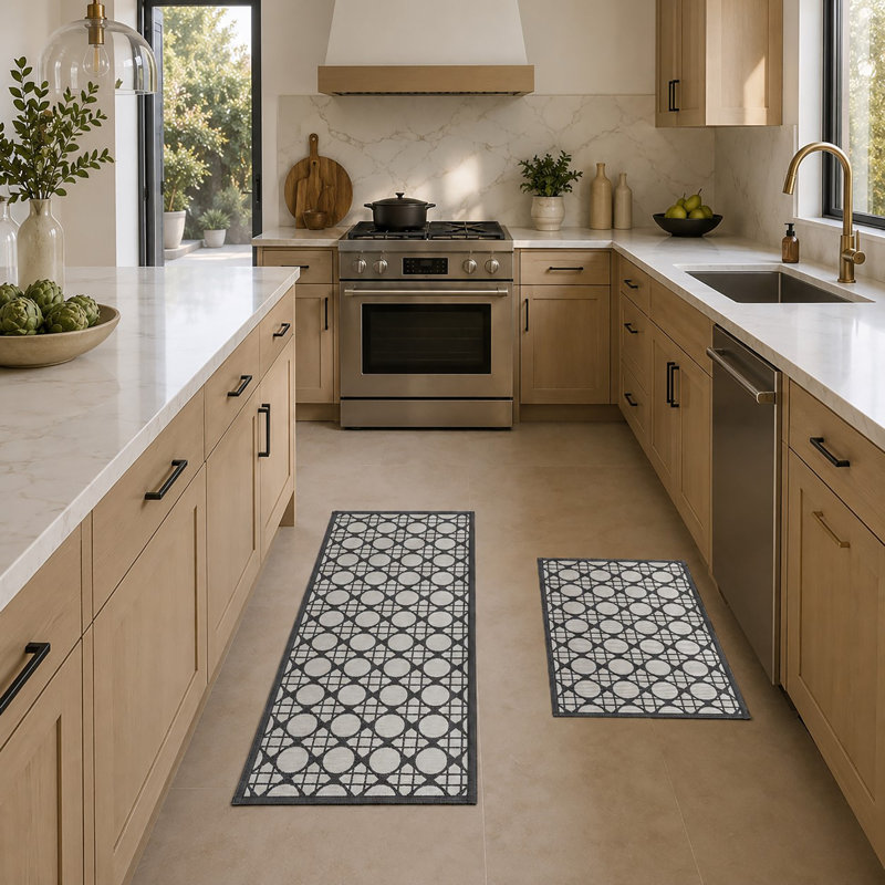 Circles Gray Kitchen Mat and Runner Set 20x32 and 20x48, Gray/Black Geometric