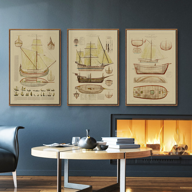 " Antique Ship Plan I " 3 - Pieces, 27" H x 54" W, Walnut