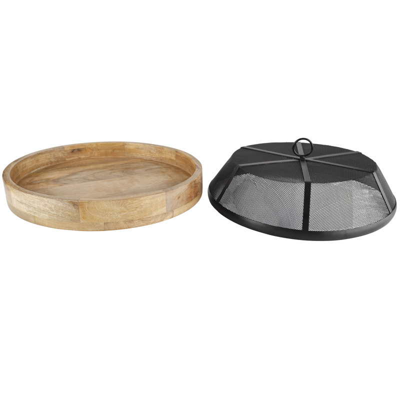 Handcrafted Mango Wood and Black Iron Mesh Lazy Susan, 14 Inches