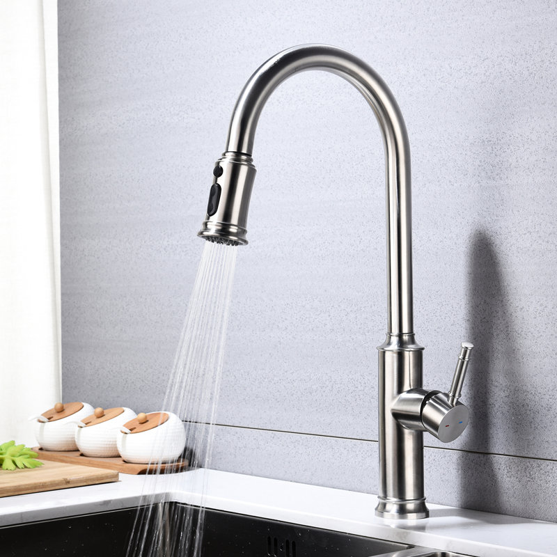 Robinet de cuisine à douchette extractible, aspect nickel brossé, fabrication en acier inoxydable, buse rotative à 360 ° pour un apport d'eau facile, résistant à la corrosion et à la rouille, aspect à poignée simple, fabriqué