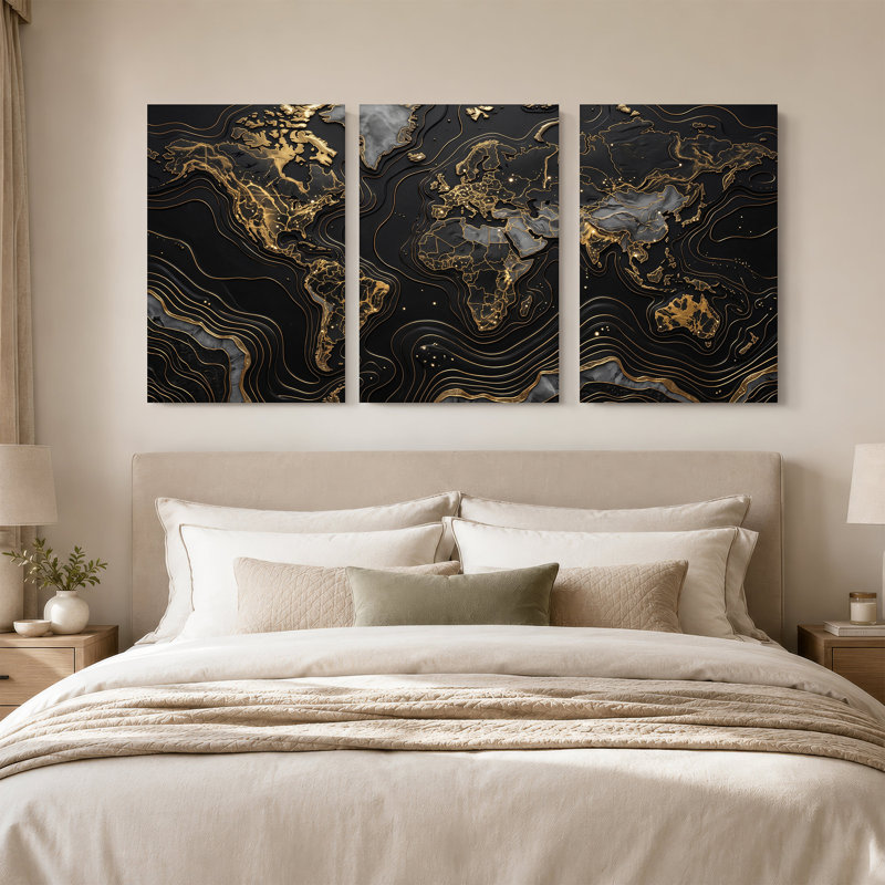 Carte du monde or sur fond de texture de marbre noir, ensemble de 3 toiles, H 24 po x l 16 po x 3 pièces