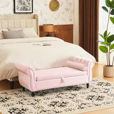 Banc repose-pieds rectangulaire en velours avec rangement et 1 coussin décoratif
