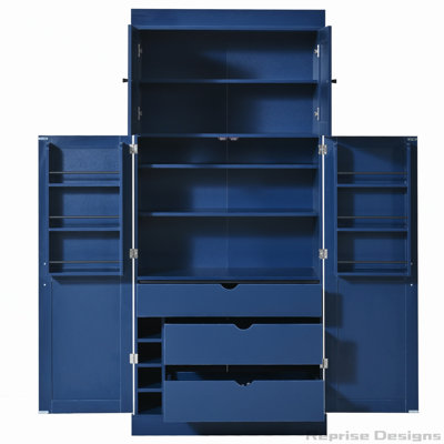 Garde-manger autoportant de 77 po de hauteur, armoire de rangement moderne de style Shaker de L 35 po x l 17,7 po avec tablettes réglables, tablettes de porte, tiroirs et porte-bouteilles, bleu
