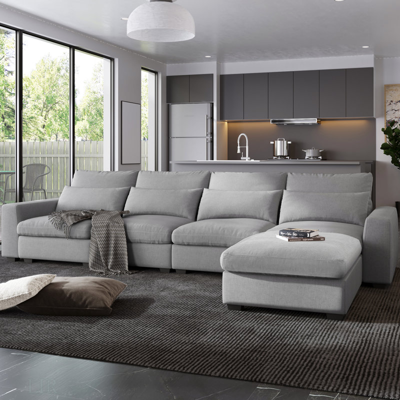 Grand canapé modulaire rembourré de plumes en forme de L, canapé convertible avec méridienne réversible, Chenille gris pâle