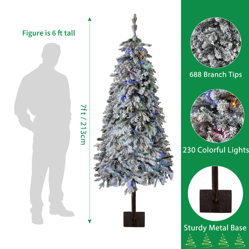 Arbre de Noël artificiel 7 pi avec extrémités en PE, lumières colorées et base en métal pour décoration de Noël, H 7 pi