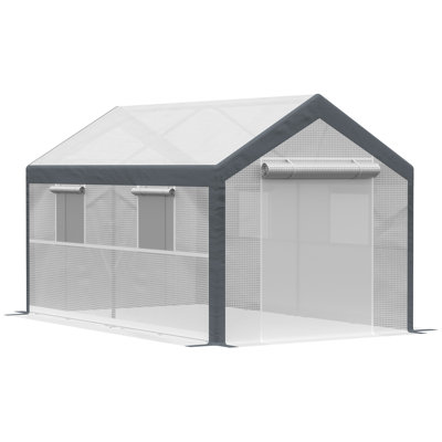 12' X 7' X 7' Greenhouse, Walk-In Outdoor Tunnel Green House With PE Cover, Steel Frame, 2 Roll-Up Zipper Doors & 4 Windows For Flowers, Vegetables, Tropical Plants, White/Dark Gray