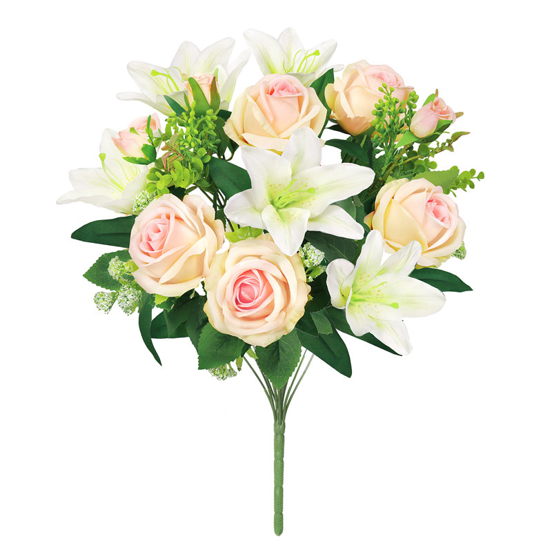 Bouquet de tiges de fleurs de lis artificielles mélangées artificielles, Ivoire / rose