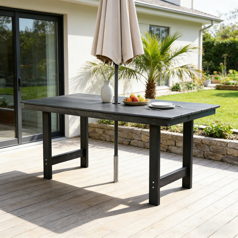 HDPE Outdoor Patio Dining Table with Umbrella Hole for 4–6 People, Black