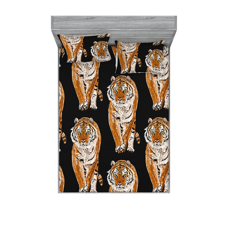 Ambesonne Fitted Sheet & Sham Exotic Jungle Tiger Boho Charcoal Grey Amber, California King Sheet Set with 2 Pillowcases