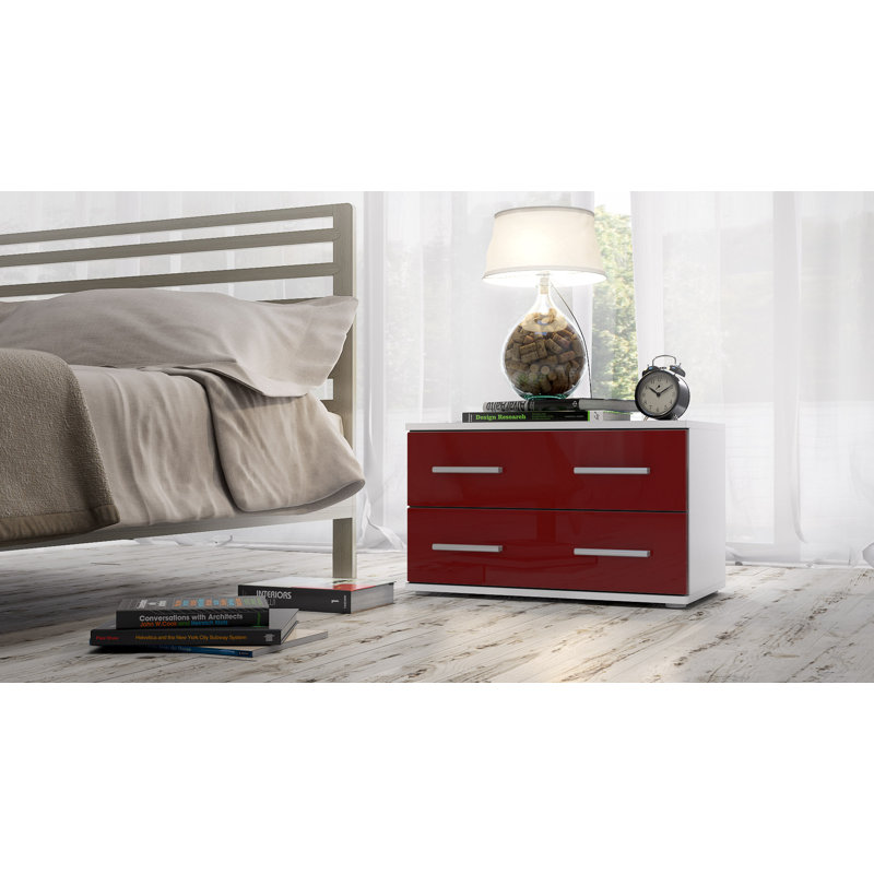 60 cm W Bedside Table, Matt white/Glossy burgundy