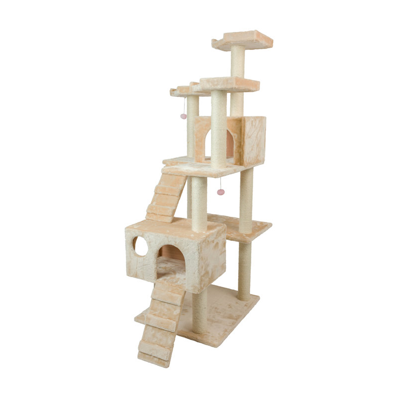 Beige Multi-Level Sisal Cat Tree with Playhouses and Ramps