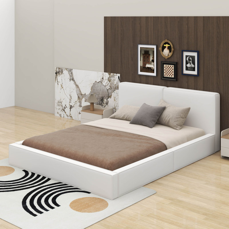 Grand lit tapissier au sol en velours, Beige