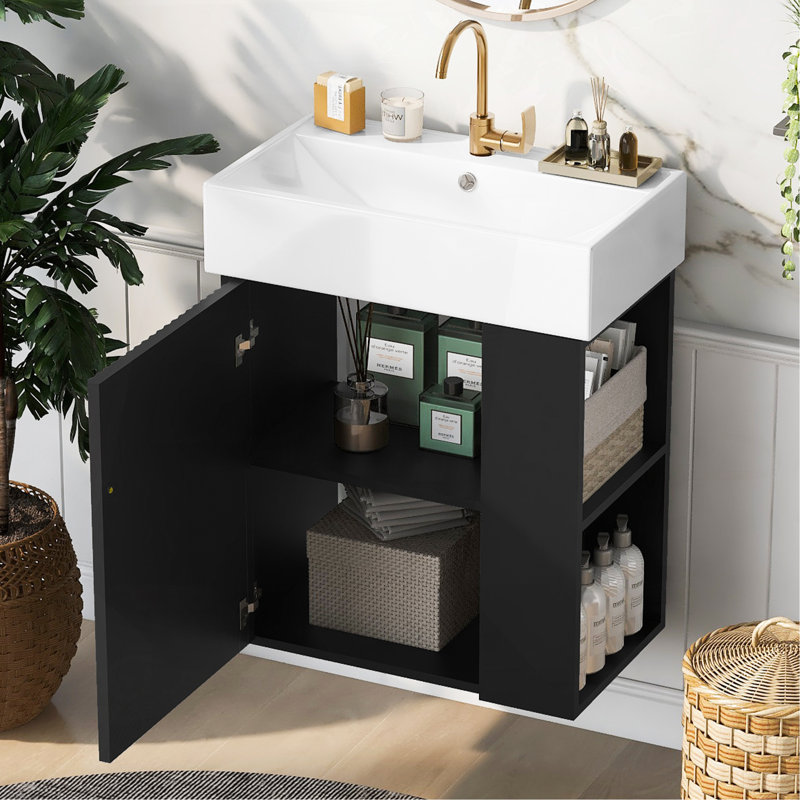 Meuble-lavabo flottant moderne de 21,6 po avec lavabo en céramique - parfait pour les petites salles de bain, rangement à droite