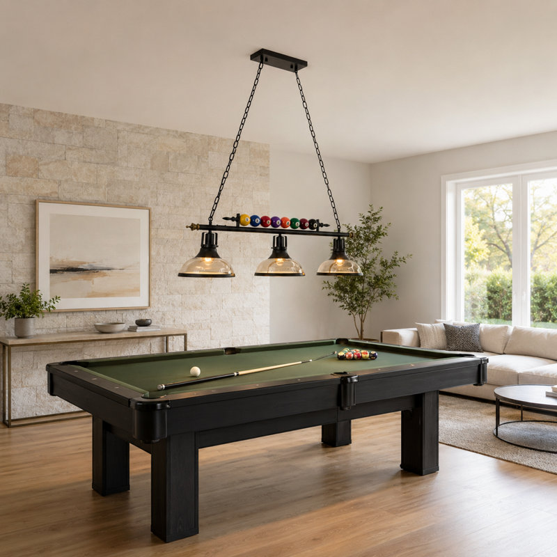 3 - Light Industrial Billiard Ball Dimmable Linear Chandelier with Amber Glass Shades