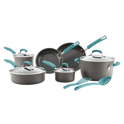 Rachael Ray Hard-Anodized Nonstick Cookware Set, 12-Piece, Gray with Red Handles