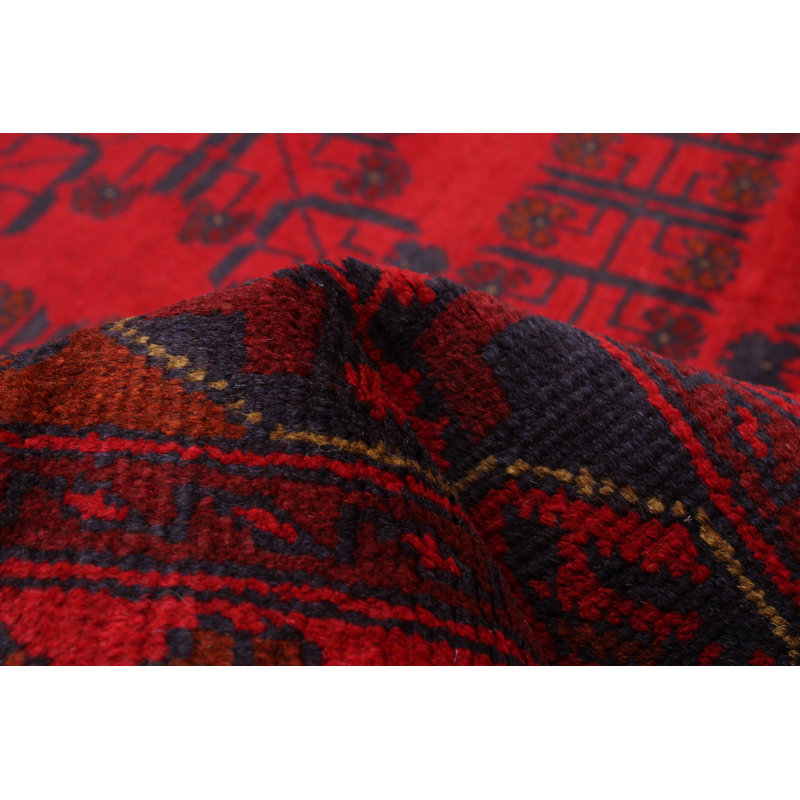 Tapis rouge / noir en laine noué à la main de conception unique 6 pi 8 po x 9 pi 9 po Aguie