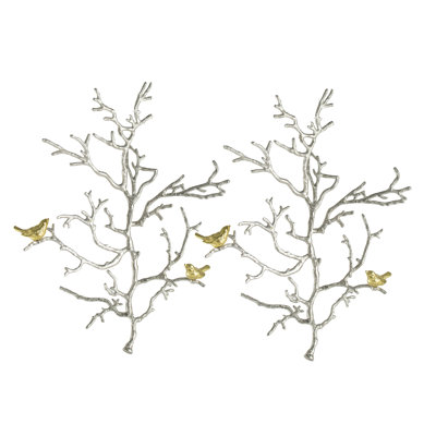 Sculptures murales en métal de 17 po x 5,5 po x 22 po avec ornements d'oiseaux, de 2. Tranquillité moderne. Contraste argent-or. Décorations en aluminium, 2 pièces et style tranquille. Combinaison or-argent pour la maison.