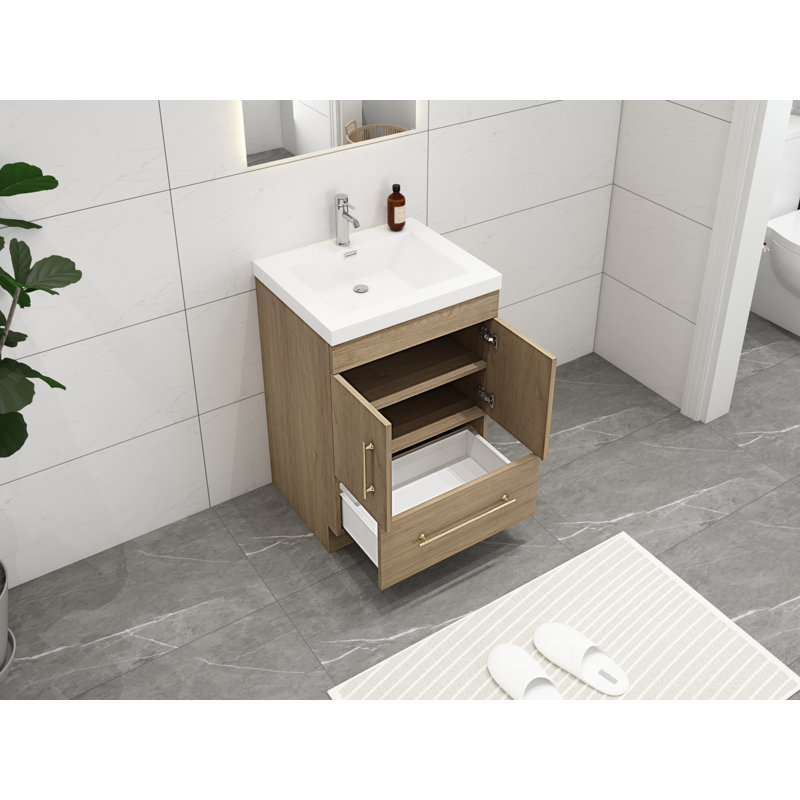 Carliss 24'' Single Bathroom Vanity with Acrylic Top, White/Oak, Gold