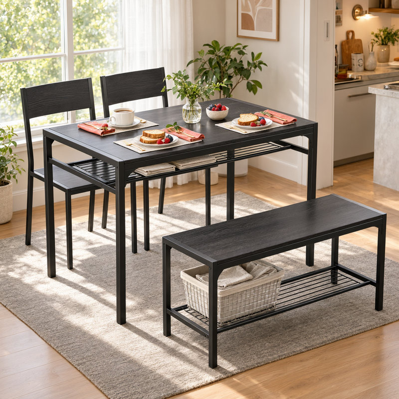 Ensemble de salle à manger Tamajah 4 pièces pour 4 personnes, sans rembourrage, avec table, banc, 2 chaises et étagères de rangement