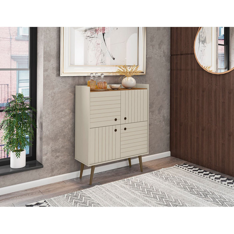 Armoire d'appoint Mid-Century à 2 portes avec 4 tablettes ivoire Bogart, Blanc cassé / blanc