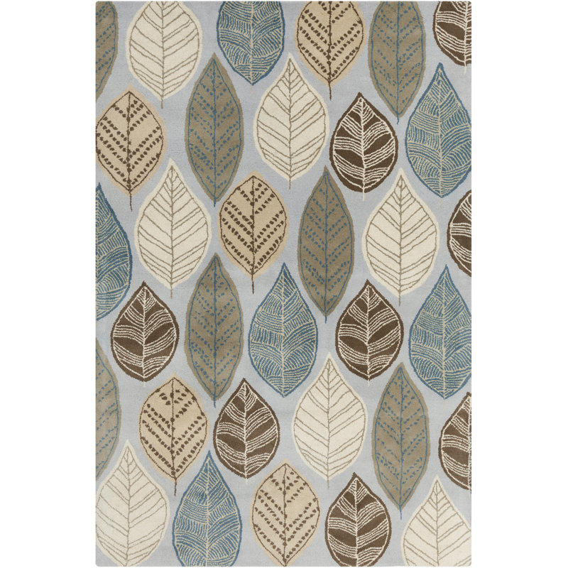 Tapis à motif floral moderne en laine touffeté à la main bleu, brun, vert et taupe Ailey, 5 pi x 7 pi 6 po