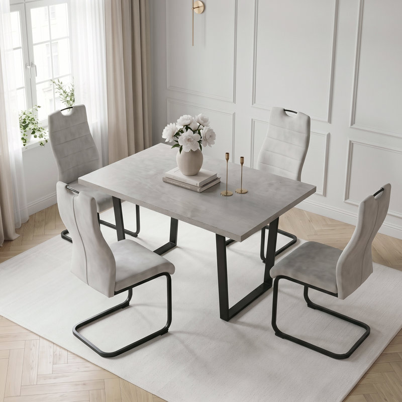 Modern Dining Table and 4 Chairs Set, 110cm MDF Dining Table with 4 Chairs with Metal Legs, Modern Space Saving Kitchen Table Set for Dining Room, Home