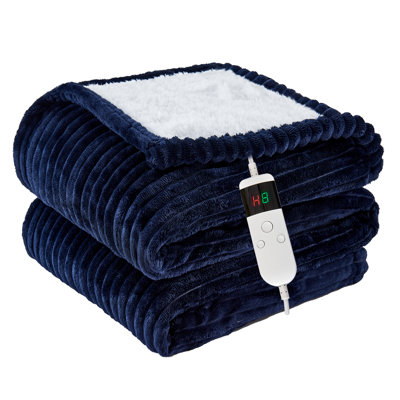 PFASDFW Heated Throw Blanket, Soft Flannel and Sherpa Electric Blanket with 10 Fast Heating Levels, 8-Hour Auto Shut-Off, Overheat Protection, Machine Washable, Navy, 50" x 60"
