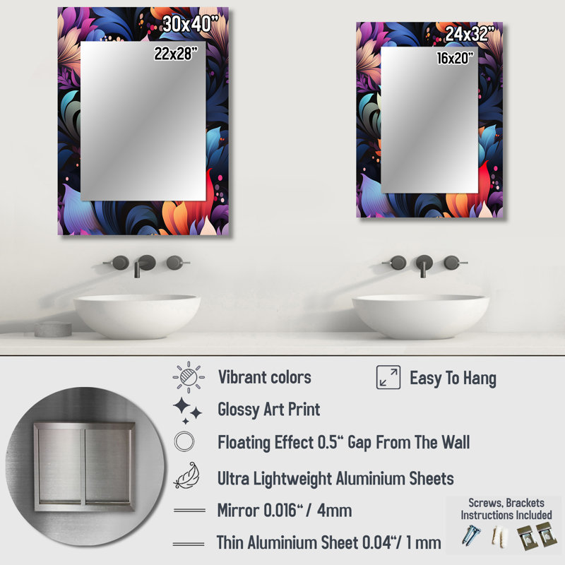 Multicolore futuriste damassé Nexus - miroir mural décoratif floral, miroir floral, impression d'art en métal, 40 po x 30 po